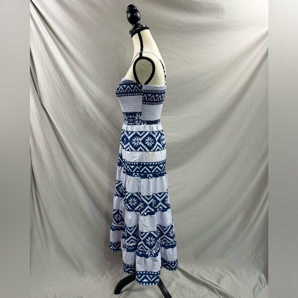 Boho Geo Print Ruffle Hem Cami Dress White/Blue - Picture 8 of 9